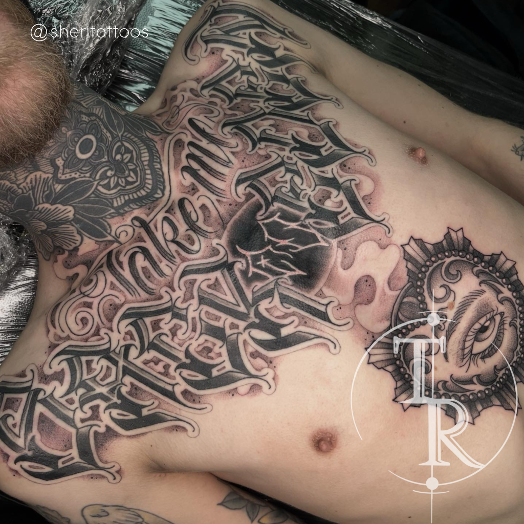 Script and lettering tattoo portfolio Chesterfield example from Tabula Rasa Tattoo Studio